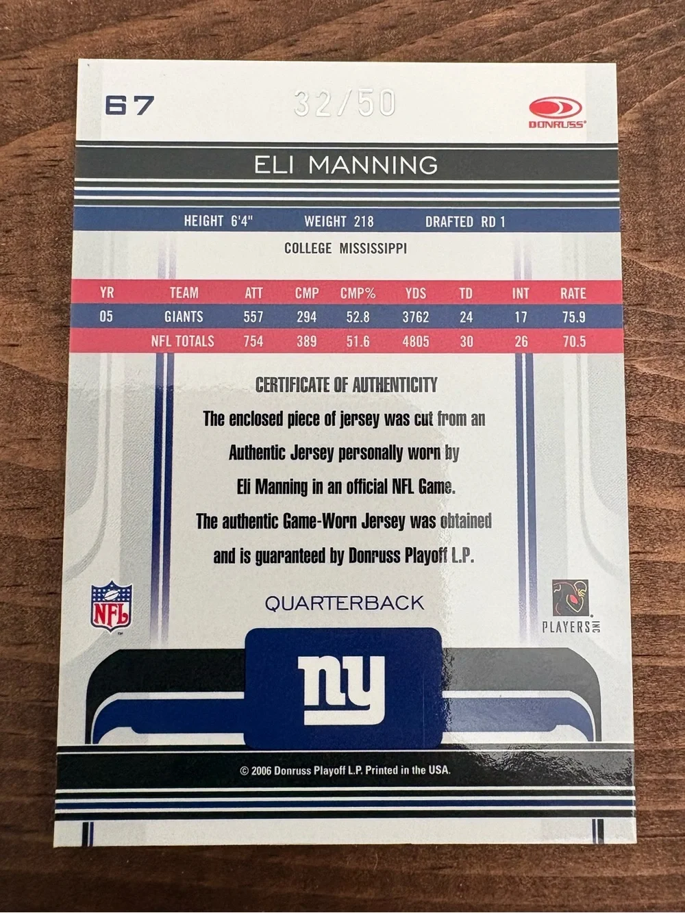 2006 Donruss Playoff Eli Manning Game Used SILVER Jersey #rd 32/50 NY Giants